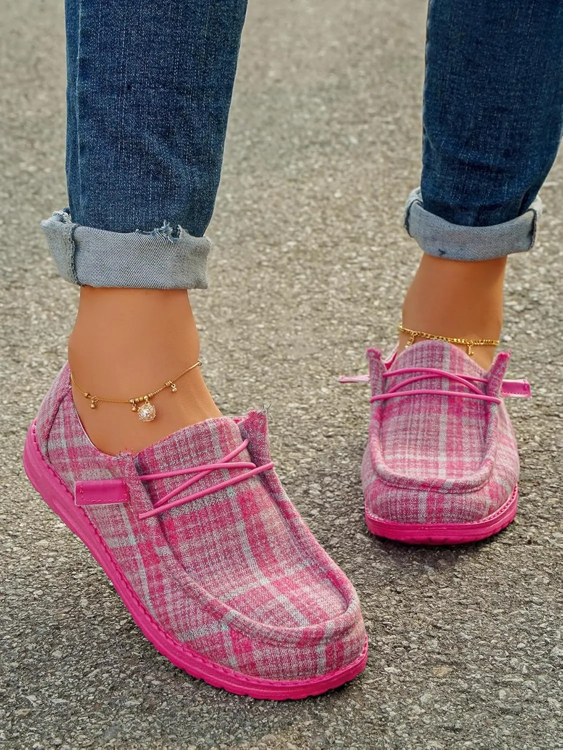 Women's Textured Pattern Lace-up Tied Canvas Flat Shoes, Round Toe Slip-on Casual Dressy Loafers, Lightweight Comfortable Easy-Walk Anti-Slip Sneakers, Grey or Rose-Red, All Season Fit, Size6-11