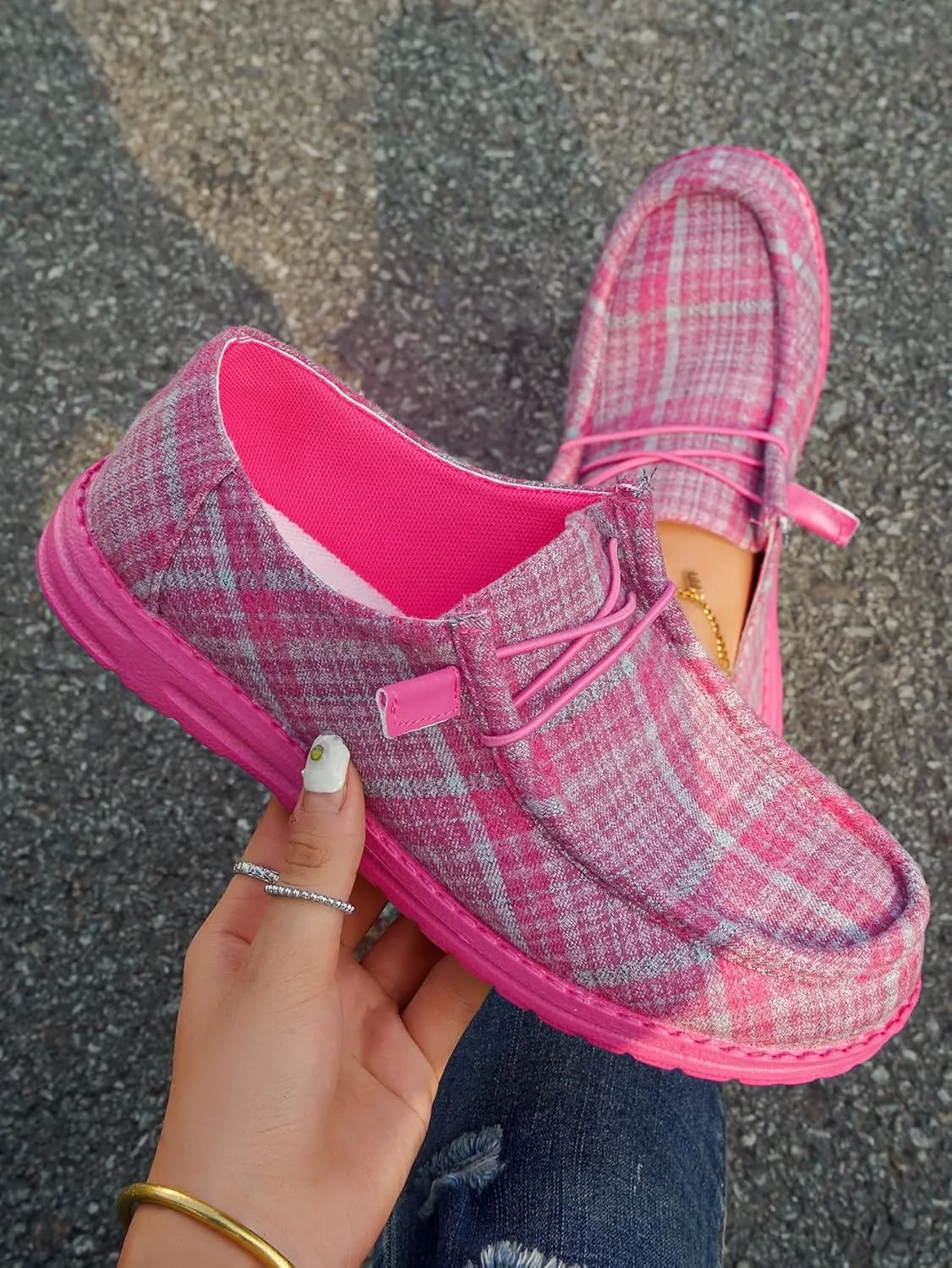 Women's Textured Pattern Lace-up Tied Canvas Flat Shoes, Round Toe Slip-on Casual Dressy Loafers, Lightweight Comfortable Easy-Walk Anti-Slip Sneakers, Grey or Rose-Red, All Season Fit, Size6-11
