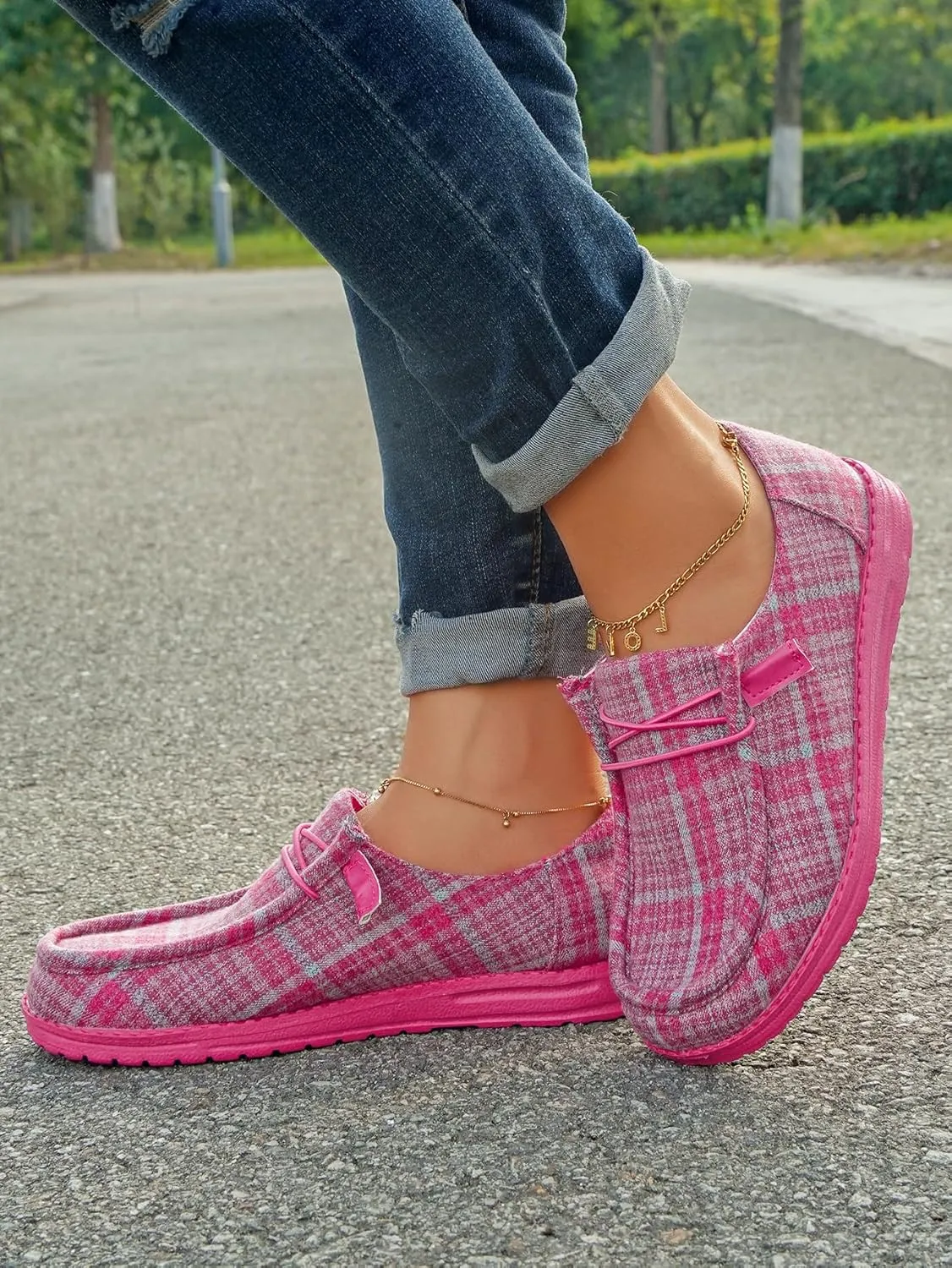 Women's Textured Pattern Lace-up Tied Canvas Flat Shoes, Round Toe Slip-on Casual Dressy Loafers, Lightweight Comfortable Easy-Walk Anti-Slip Sneakers, Grey or Rose-Red, All Season Fit, Size6-11