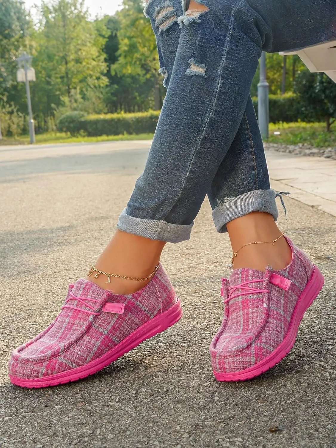 Women's Textured Pattern Lace-up Tied Canvas Flat Shoes, Round Toe Slip-on Casual Dressy Loafers, Lightweight Comfortable Easy-Walk Anti-Slip Sneakers, Grey or Rose-Red, All Season Fit, Size6-11
