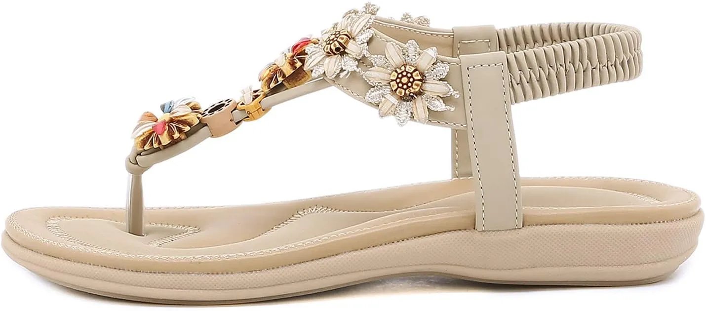 Womens Thong Sandal Bohemia Flowers Party Dress Shoes Elastic Ankle Strap Slip On Casual Beach Wedges Sandal