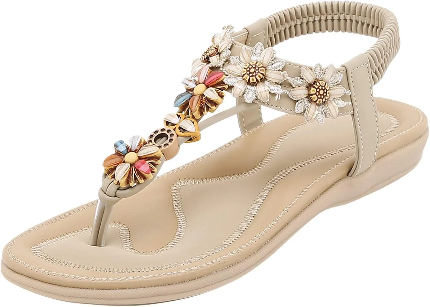 Womens Thong Sandal Bohemia Flowers Party Dress Shoes Elastic Ankle Strap Slip On Casual Beach Wedges Sandal