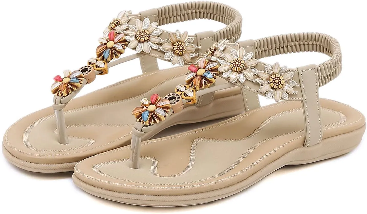 Womens Thong Sandal Bohemia Flowers Party Dress Shoes Elastic Ankle Strap Slip On Casual Beach Wedges Sandal