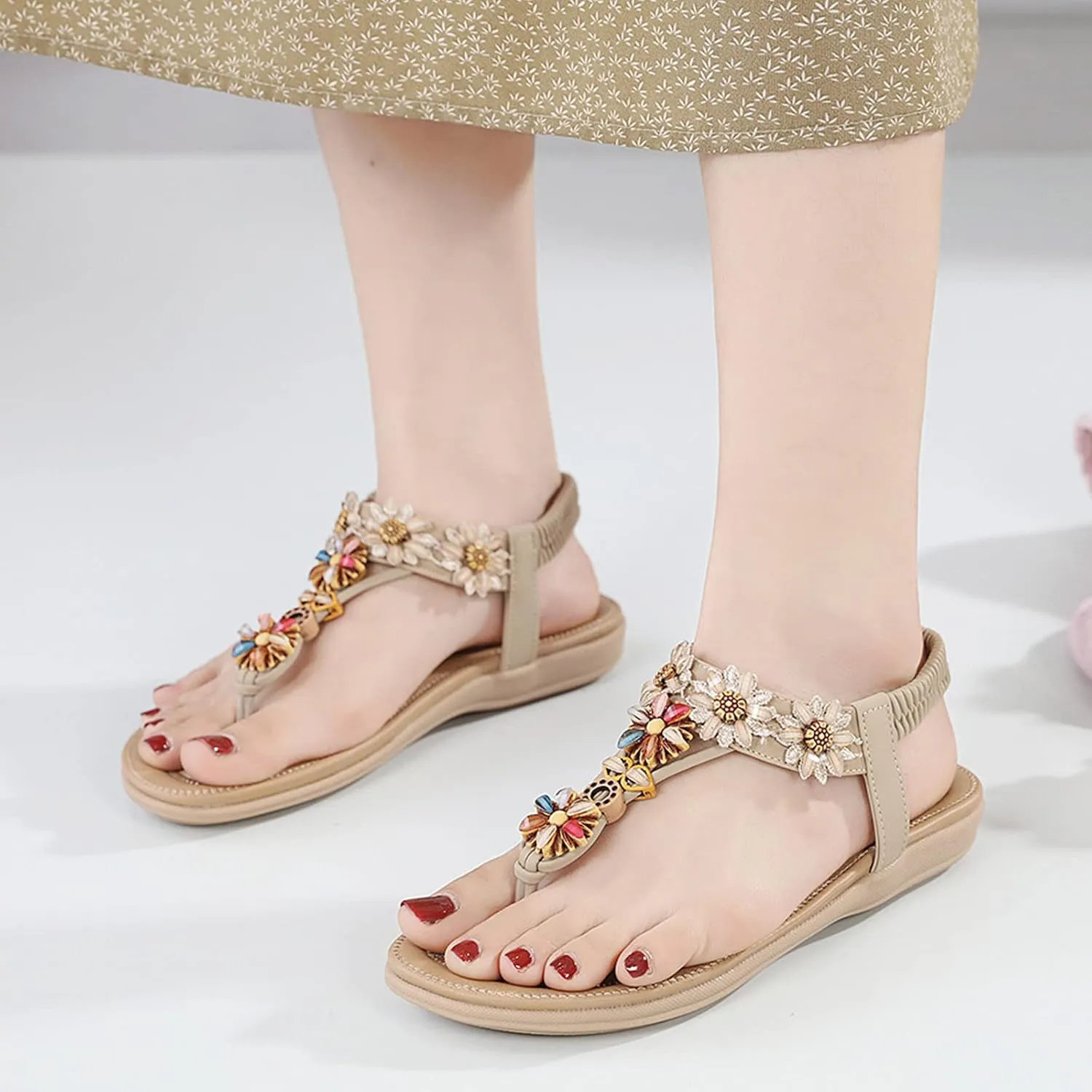 Womens Thong Sandal Bohemia Flowers Party Dress Shoes Elastic Ankle Strap Slip On Casual Beach Wedges Sandal