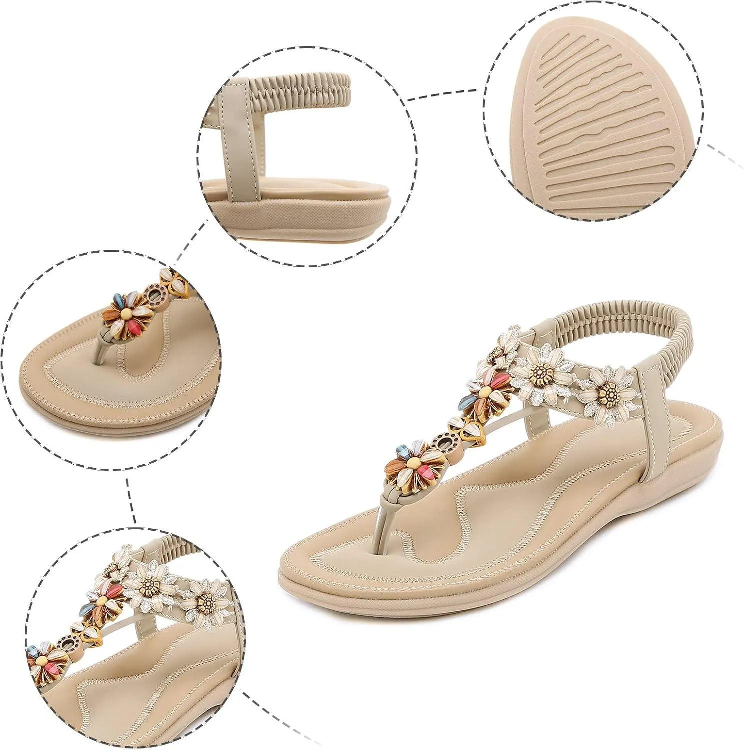 Womens Thong Sandal Bohemia Flowers Party Dress Shoes Elastic Ankle Strap Slip On Casual Beach Wedges Sandal