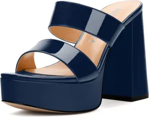 Women's Two Straps High Chunky Heels Sandals Slip on Open Square Toe Block Platform Heels Sandals for Women Holiday Party Wedding Dress Sandals Shoes