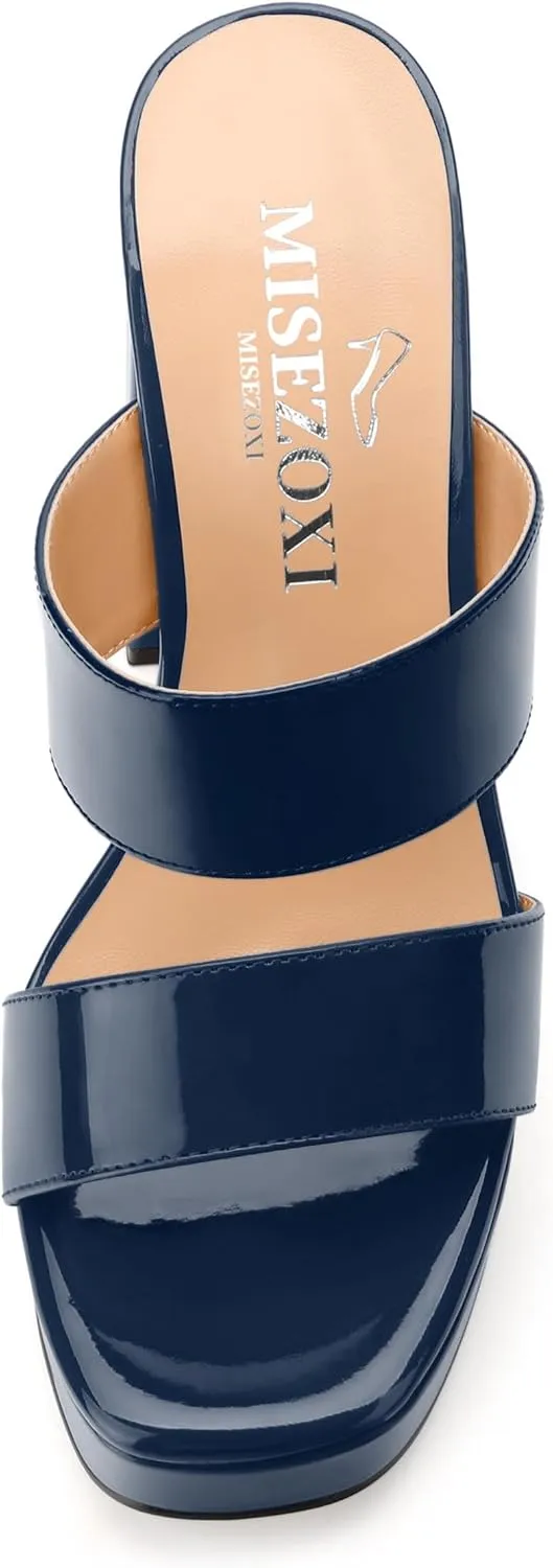 Women's Two Straps High Chunky Heels Sandals Slip on Open Square Toe Block Platform Heels Sandals for Women Holiday Party Wedding Dress Sandals Shoes