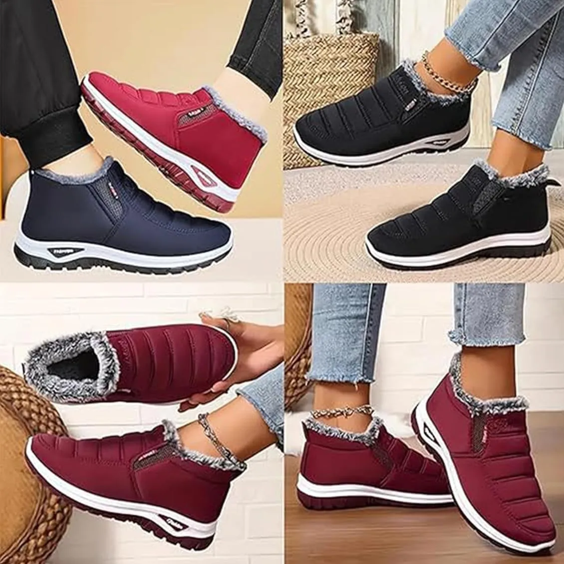 Women'S Warm Sheepskin-Lined Boots, Winter Women'S Casual Slip-On Warm Ankle Boots, Arch Support Waterproof Comfort Fuzzy Shoe