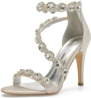 Women's Wedding Bridal Sandals High Heel Strap Crystal Zipper Back Formal Evening Prom Party Dress Shoes