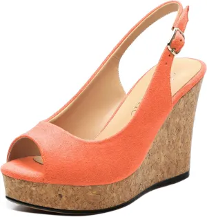 Womens Wedge Platform Sandals Peep Open Toe Slingback Buckle High Heel Dress Shoes Pumps Suede 3.94 Inch
