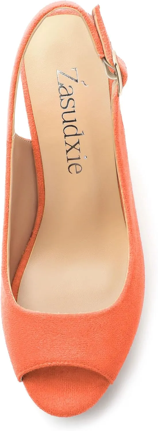 Womens Wedge Platform Sandals Peep Open Toe Slingback Buckle High Heel Dress Shoes Pumps Suede 3.94 Inch