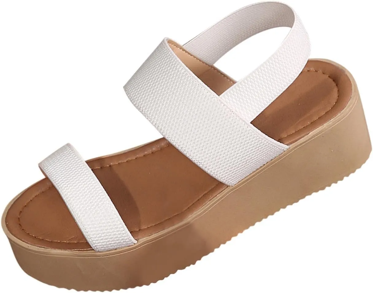 Womens Wide Width Platforms Wedge Slingback Lightweight Elastic Ankle Strap Open Toe Sandals Slip On Walking Beach
