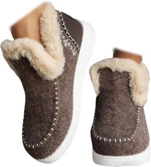 Womens Winter Flat Fluffy Snow Boots,Warm Faux Fur Lining Anti-Slip Slip On Loafer Casual Slip On Boots For Women