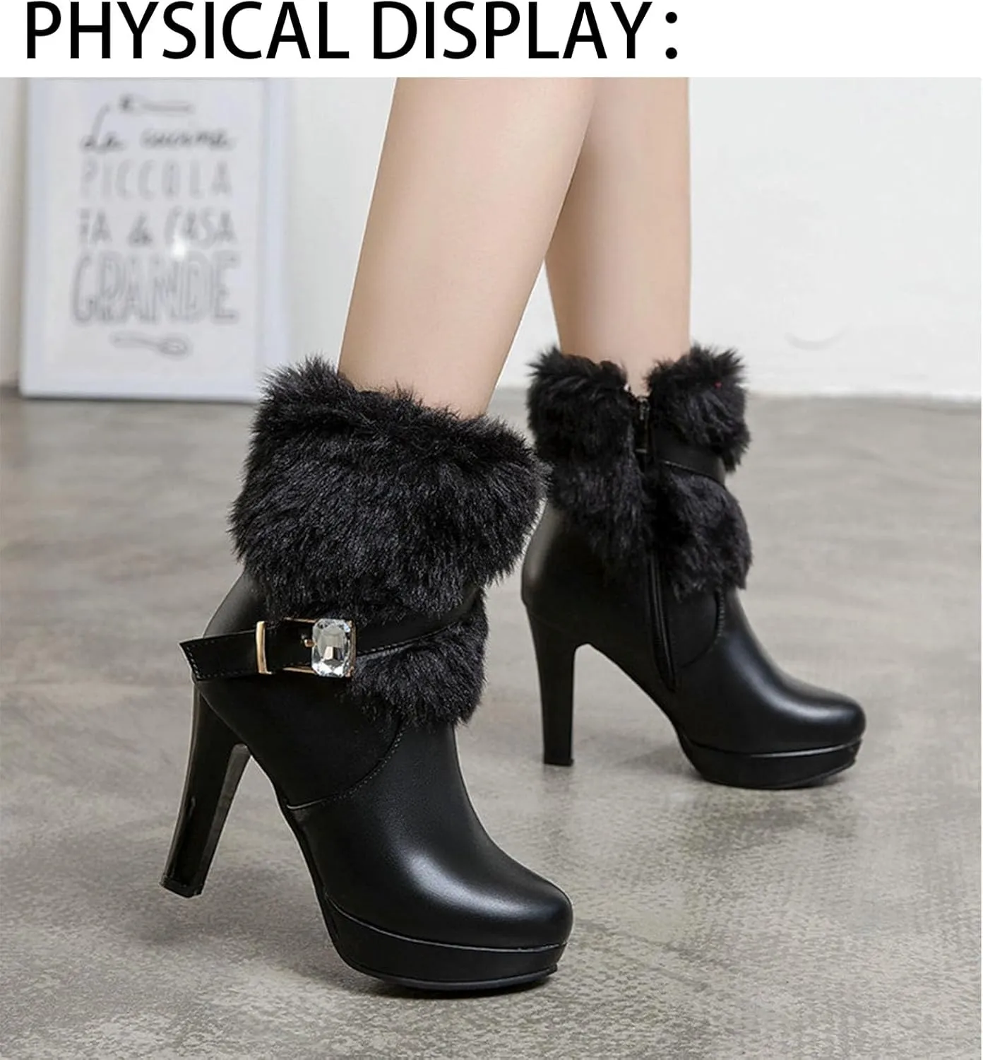 Women's Winter Fur Lined Platform High Heels Ankle Boots With Rhinestones Belt Buckle Warm Plush Side Zipper Fashion Chunky High Heel Round Toe Santa Booties