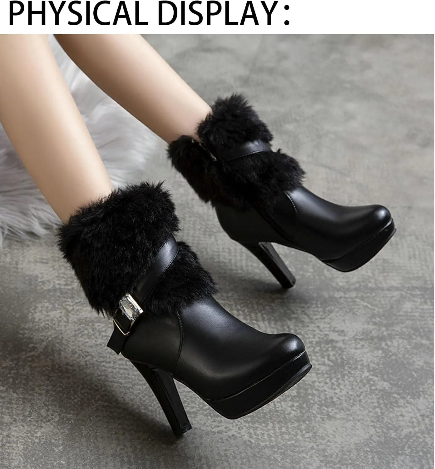 Women's Winter Fur Lined Platform High Heels Ankle Boots With Rhinestones Belt Buckle Warm Plush Side Zipper Fashion Chunky High Heel Round Toe Santa Booties