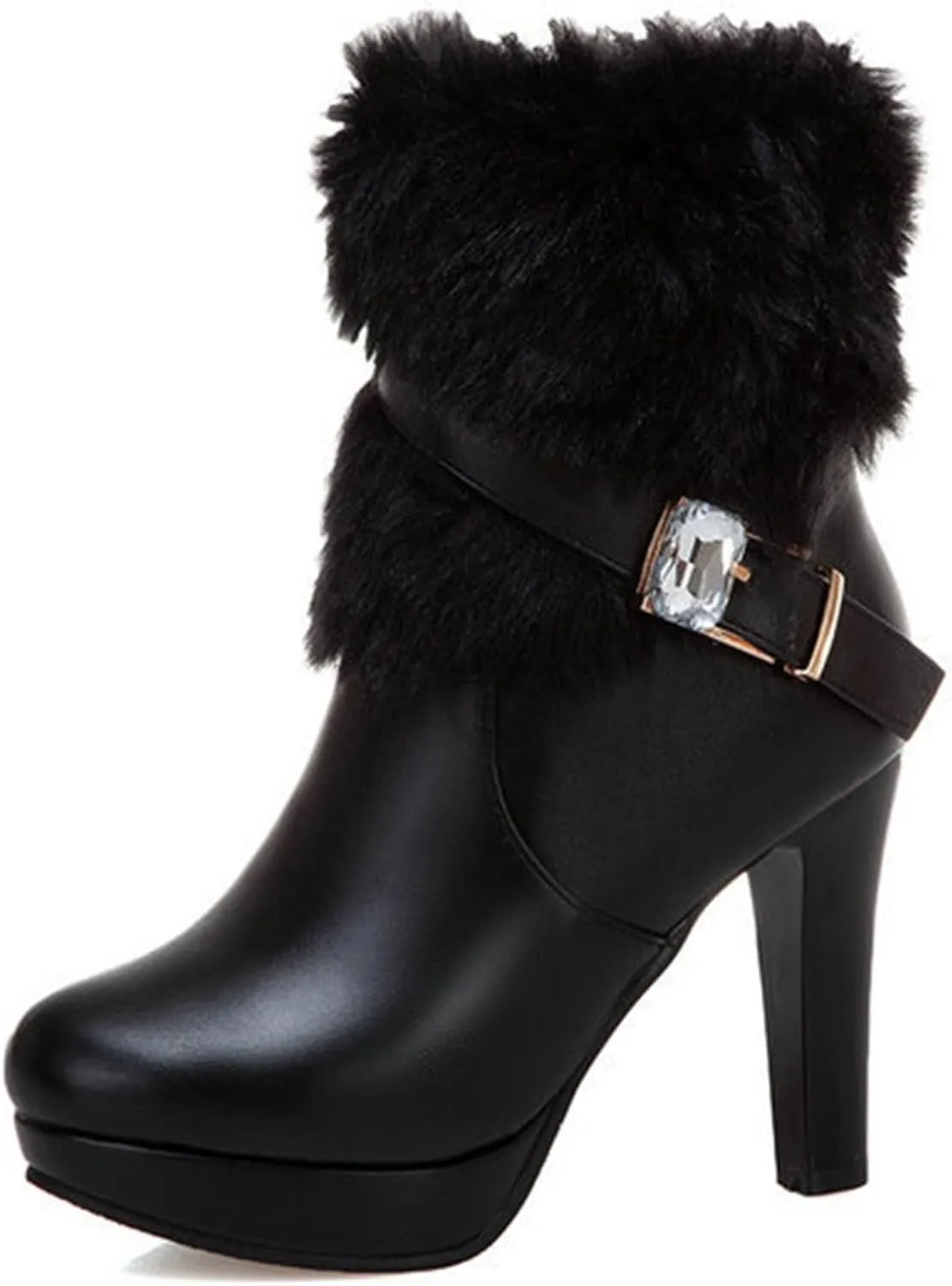 Women's Winter Fur Lined Platform High Heels Ankle Boots With Rhinestones Belt Buckle Warm Plush Side Zipper Fashion Chunky High Heel Round Toe Santa Booties