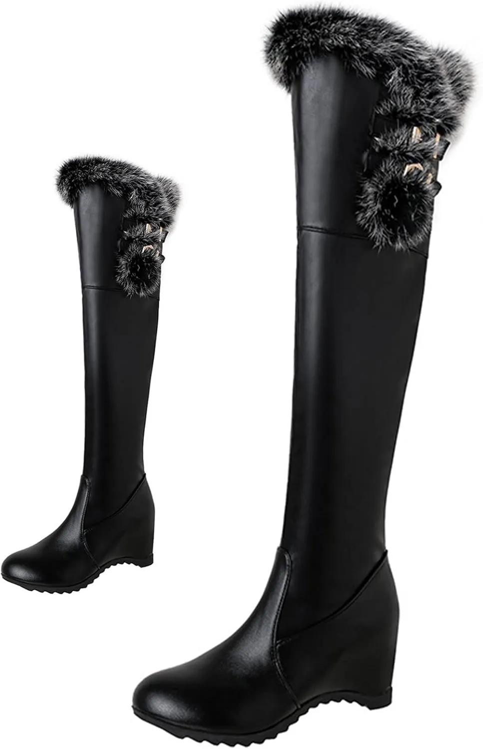 Women's Winter Over The Knee Thigh High Snow Boots Stretch Thick Rabbit Fur Collar Warm Leather Waterproof Slip-on Hidden Wedge Boot
