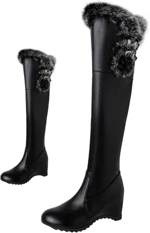 Women's Winter Over The Knee Thigh High Snow Boots Stretch Thick Rabbit Fur Collar Warm Leather Waterproof Slip-on Hidden Wedge Boot