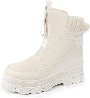 Womens Winter Snow Boots Warm Lining Mid Calf Booties with Zipper Low Heel Chunky Platform Lug Sole Comfortable Outdoor Anti-Slip Shoes