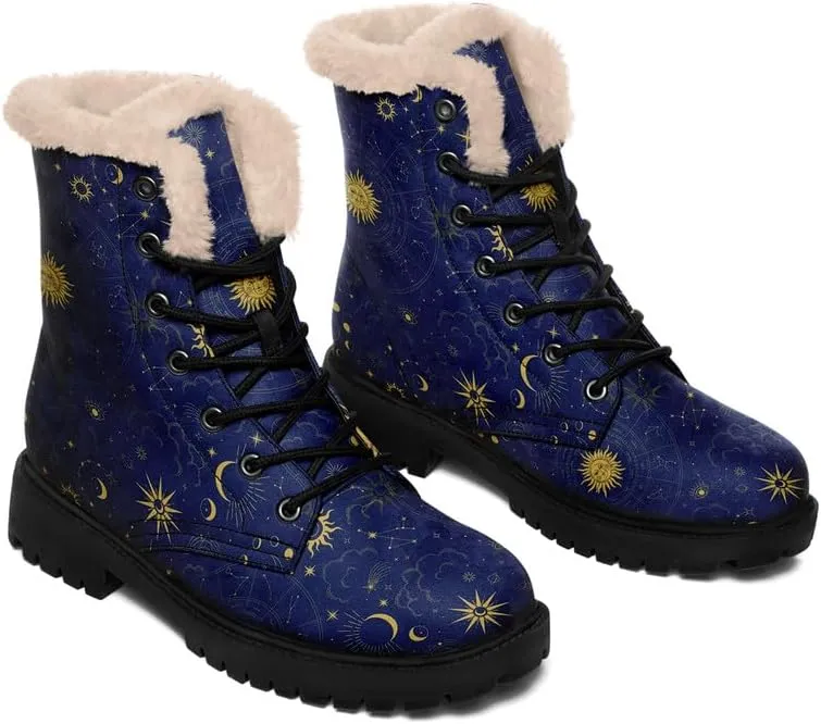 Womens Winter Sun And Moon Ankle Boots Fur Lined Warm Comfortable Snow Boots Lace up No Heel Short Waterproof Winter Boots For Women