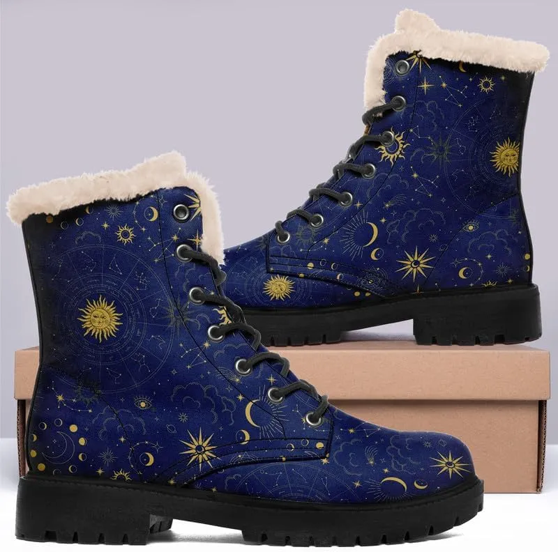 Womens Winter Sun And Moon Ankle Boots Fur Lined Warm Comfortable Snow Boots Lace up No Heel Short Waterproof Winter Boots For Women