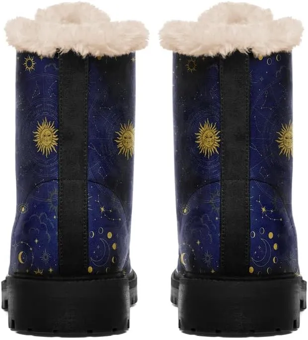 Womens Winter Sun And Moon Ankle Boots Fur Lined Warm Comfortable Snow Boots Lace up No Heel Short Waterproof Winter Boots For Women