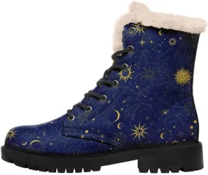 Womens Winter Sun And Moon Ankle Boots Fur Lined Warm Comfortable Snow Boots Lace up No Heel Short Waterproof Winter Boots For Women