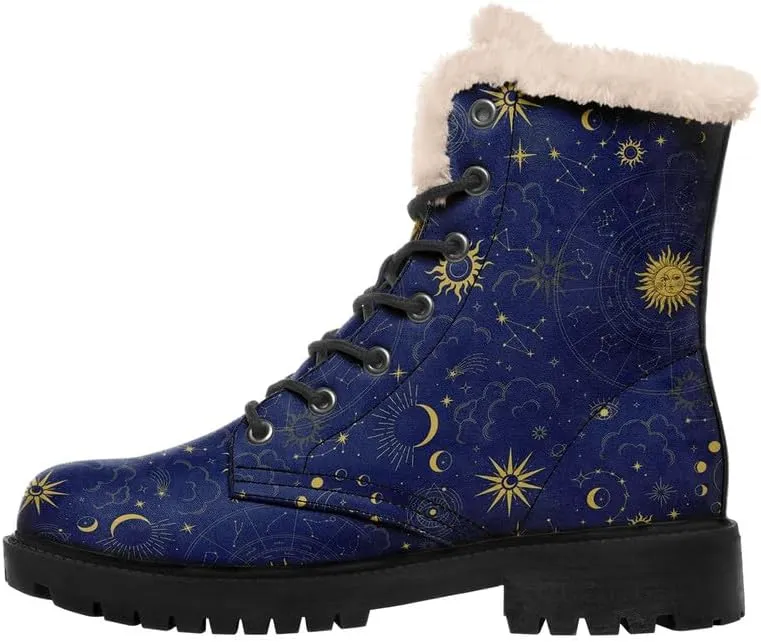 Womens Winter Sun And Moon Ankle Boots Fur Lined Warm Comfortable Snow Boots Lace up No Heel Short Waterproof Winter Boots For Women