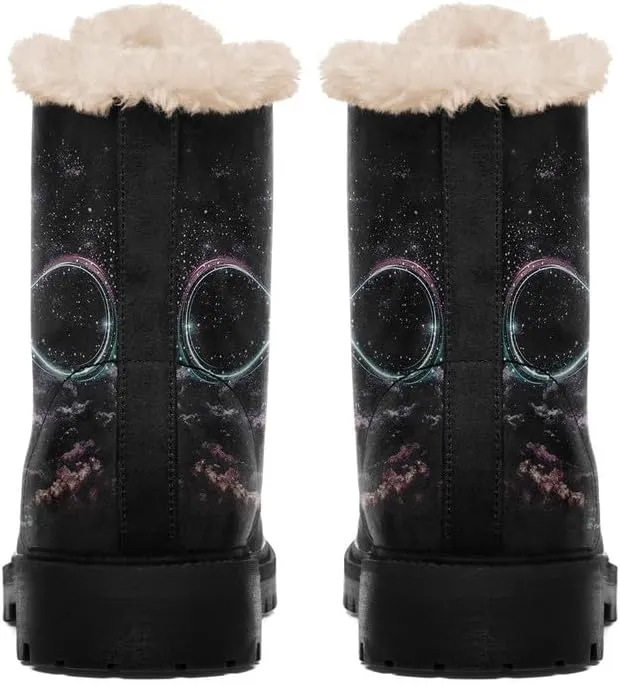 Womens Winter Sun And Moon Ankle Boots Fur Lined Warm Comfortable Snow Boots Lace up No Heel Short Waterproof Winter Boots For Women