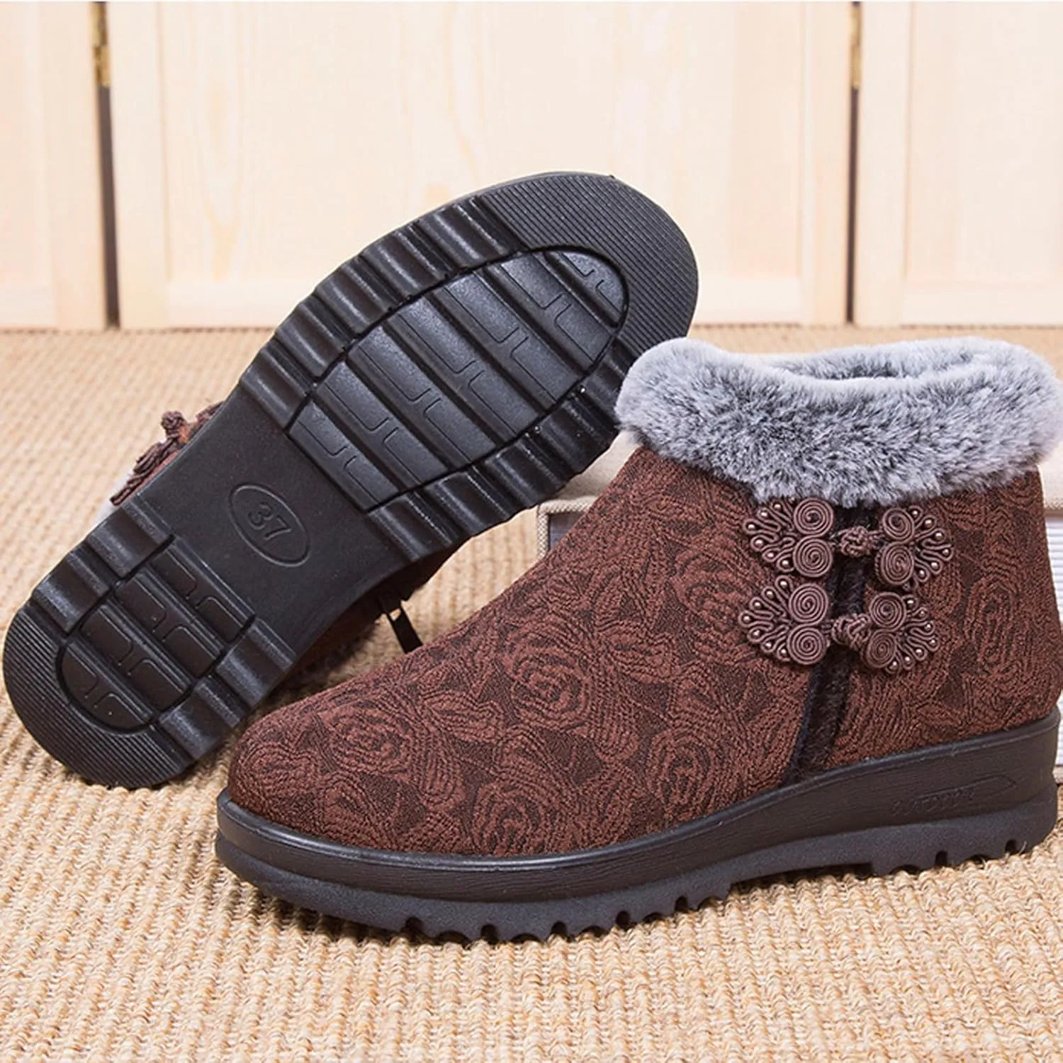 Women's Winter Warm Fur Lined Snow Ankle Boots,Ethnic Style Embroidered Warm Booties Comfortable Side Zip Casual Indoor Outdoor Flat Non-Slip Mom Cotton Shoes