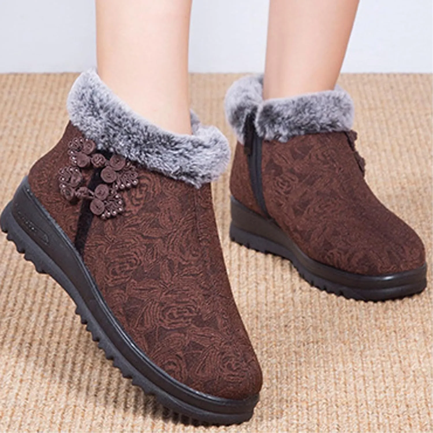Women's Winter Warm Fur Lined Snow Ankle Boots,Ethnic Style Embroidered Warm Booties Comfortable Side Zip Casual Indoor Outdoor Flat Non-Slip Mom Cotton Shoes