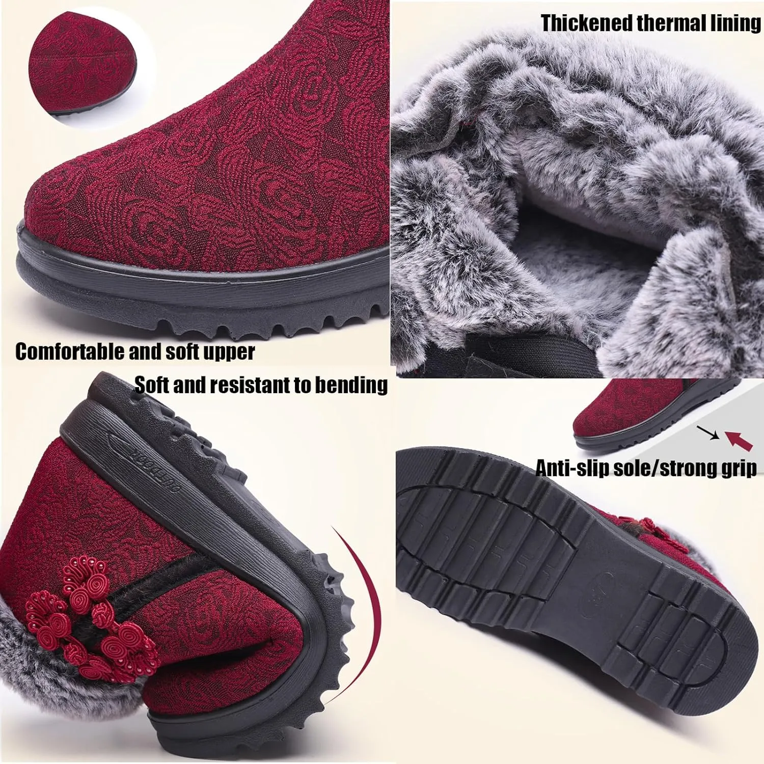 Women's Winter Warm Fur Lined Snow Ankle Boots,Ethnic Style Embroidered Warm Booties Comfortable Side Zip Casual Indoor Outdoor Flat Non-Slip Mom Cotton Shoes