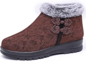 Women's Winter Warm Fur Lined Snow Ankle Boots,Ethnic Style Embroidered Warm Booties Comfortable Side Zip Casual Indoor Outdoor Flat Non-Slip Mom Cotton Shoes