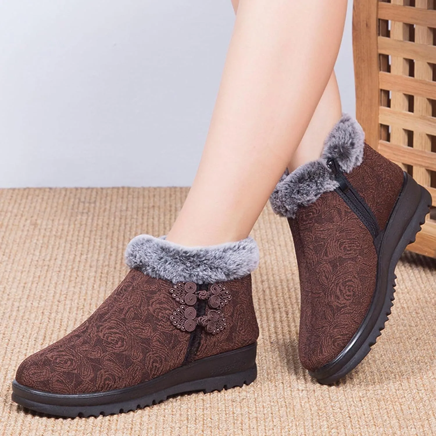 Women's Winter Warm Fur Lined Snow Ankle Boots,Ethnic Style Embroidered Warm Booties Comfortable Side Zip Casual Indoor Outdoor Flat Non-Slip Mom Cotton Shoes