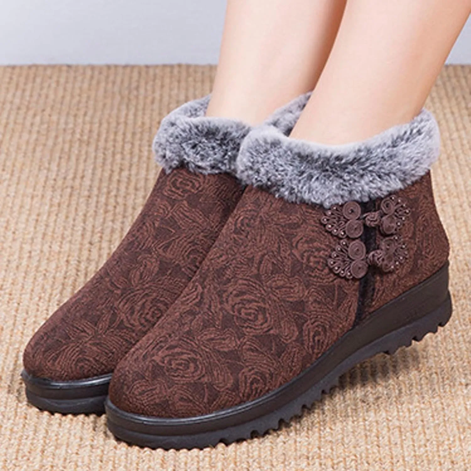 Women's Winter Warm Fur Lined Snow Ankle Boots,Ethnic Style Embroidered Warm Booties Comfortable Side Zip Casual Indoor Outdoor Flat Non-Slip Mom Cotton Shoes