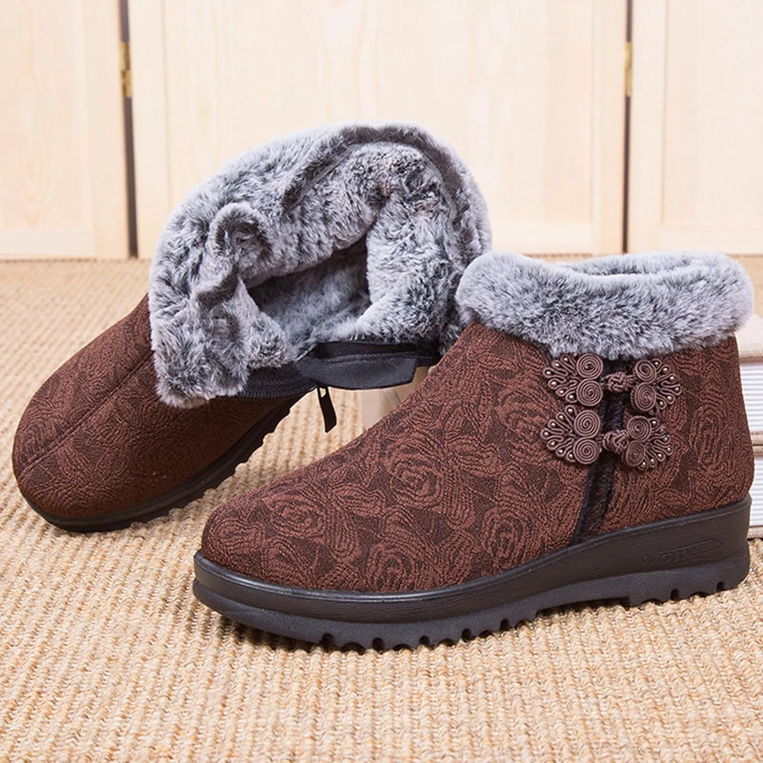 Women's Winter Warm Fur Lined Snow Ankle Boots,Ethnic Style Embroidered Warm Booties Comfortable Side Zip Casual Indoor Outdoor Flat Non-Slip Mom Cotton Shoes