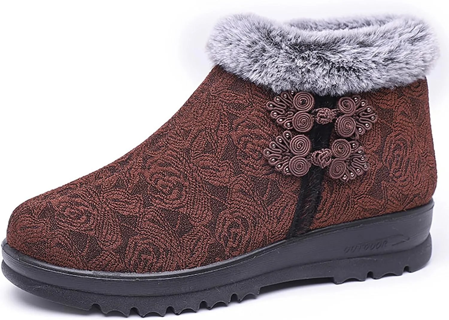 Women's Winter Warm Fur Lined Snow Ankle Boots,Ethnic Style Embroidered Warm Booties Comfortable Side Zip Casual Indoor Outdoor Flat Non-Slip Mom Cotton Shoes