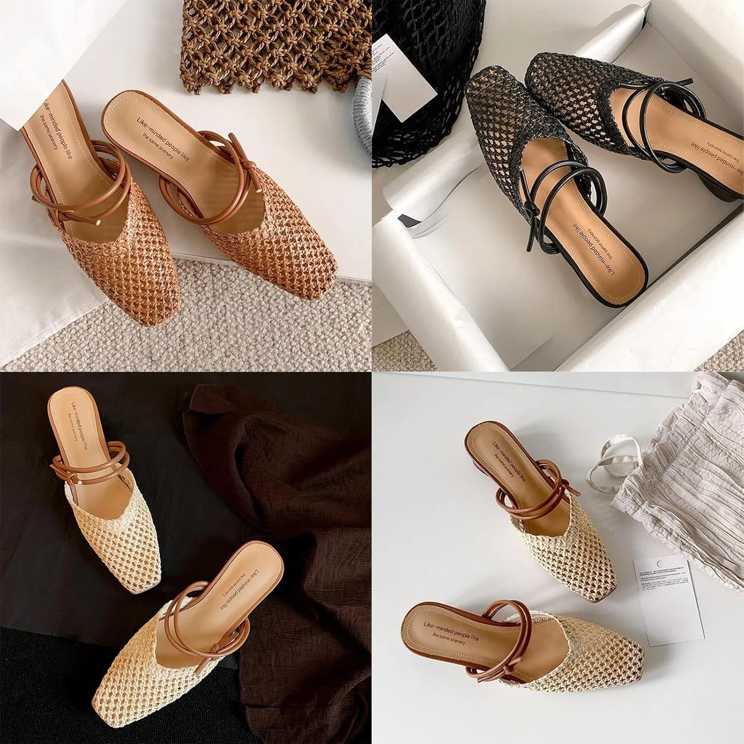Women's Woven Low Block Heel Mules Square Closed Toe Slip On Backless Braided Heeled Sandals Dressy Summer Sandals