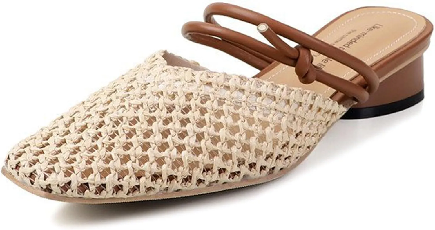 Women's Woven Low Block Heel Mules Square Closed Toe Slip On Backless Braided Heeled Sandals Dressy Summer Sandals