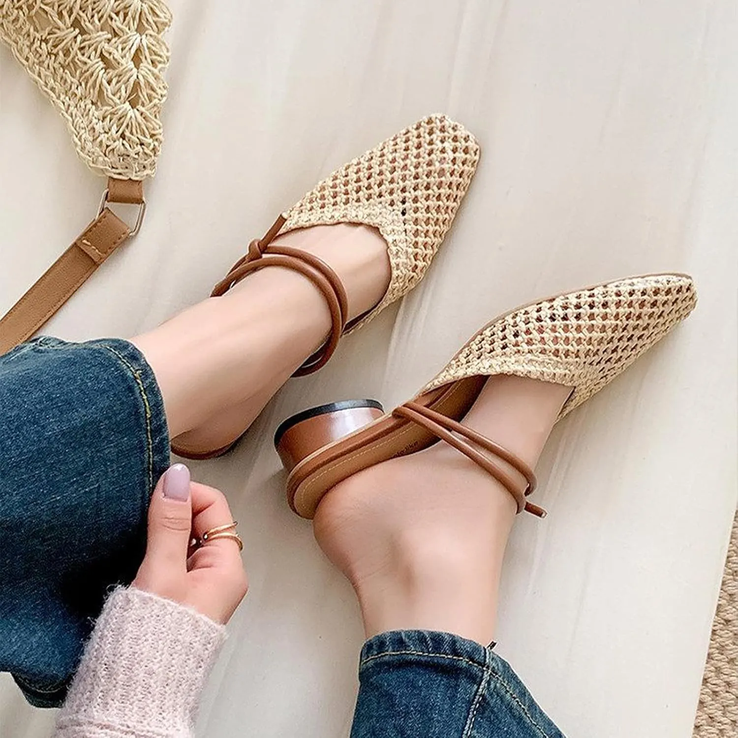 Women's Woven Low Block Heel Mules Square Closed Toe Slip On Backless Braided Heeled Sandals Dressy Summer Sandals