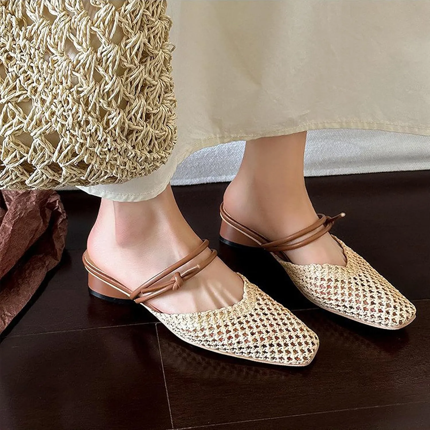 Women's Woven Low Block Heel Mules Square Closed Toe Slip On Backless Braided Heeled Sandals Dressy Summer Sandals