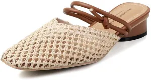 Women's Woven Low Block Heel Mules Square Closed Toe Slip On Backless Braided Heeled Sandals Dressy Summer Sandals