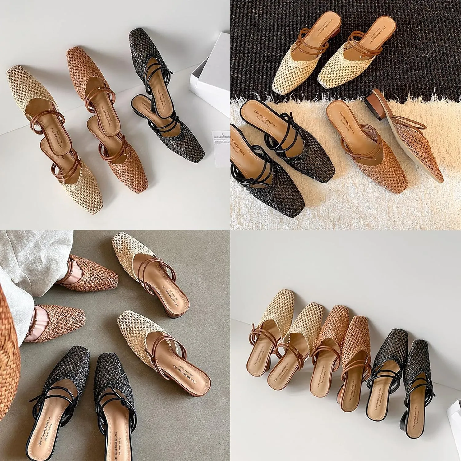 Women's Woven Low Block Heel Mules Square Closed Toe Slip On Backless Braided Heeled Sandals Dressy Summer Sandals