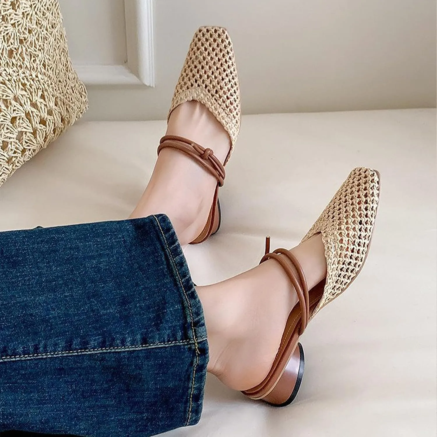 Women's Woven Low Block Heel Mules Square Closed Toe Slip On Backless Braided Heeled Sandals Dressy Summer Sandals