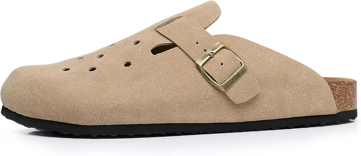 WTW Womens Clogs Cow Suede Soft Footbed Mules Unisex for Men Women Cork Clog Antislip Sole Slippers Mules Sandals with Adjustable Buckle
