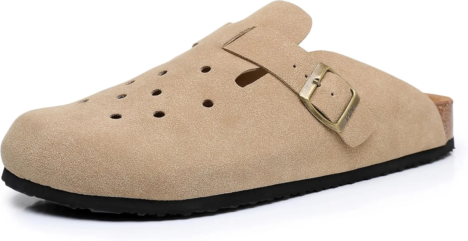 WTW Womens Clogs Cow Suede Soft Footbed Mules Unisex for Men Women Cork Clog Antislip Sole Slippers Mules Sandals with Adjustable Buckle