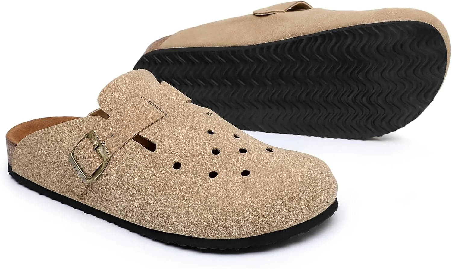WTW Womens Clogs Cow Suede Soft Footbed Mules Unisex for Men Women Cork Clog Antislip Sole Slippers Mules Sandals with Adjustable Buckle