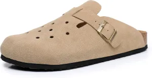 WTW Womens Clogs Cow Suede Soft Footbed Mules Unisex for Men Women Cork Clog Antislip Sole Slippers Mules Sandals with Adjustable Buckle