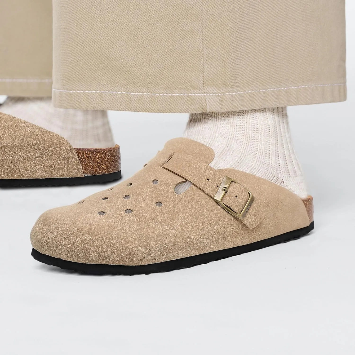 WTW Womens Clogs Cow Suede Soft Footbed Mules Unisex for Men Women Cork Clog Antislip Sole Slippers Mules Sandals with Adjustable Buckle