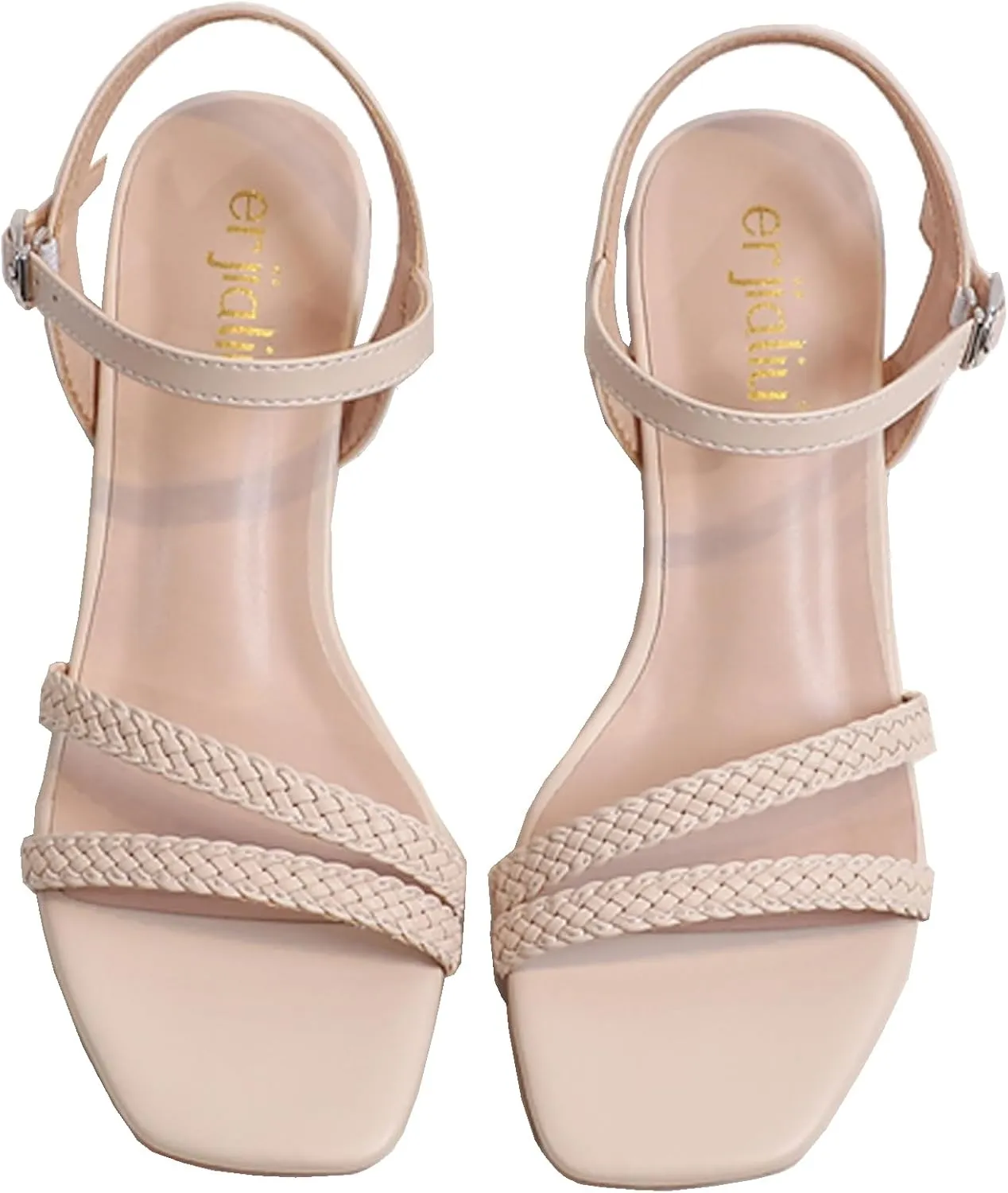 WUIWUIYU Women's Low Mid Heels Braided Open Toe Ankle Strap Block Chunky Heel Sandals Holiday Party Wedding Dress Pumps Shoes